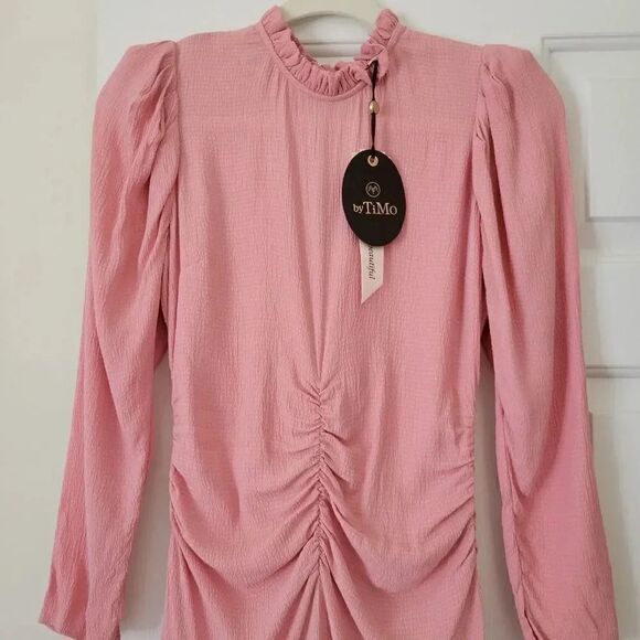 ByTimo Bubble Pink Viscose Shirred Ruffle Long Sleeve Dress XS - Picture 3 of 12